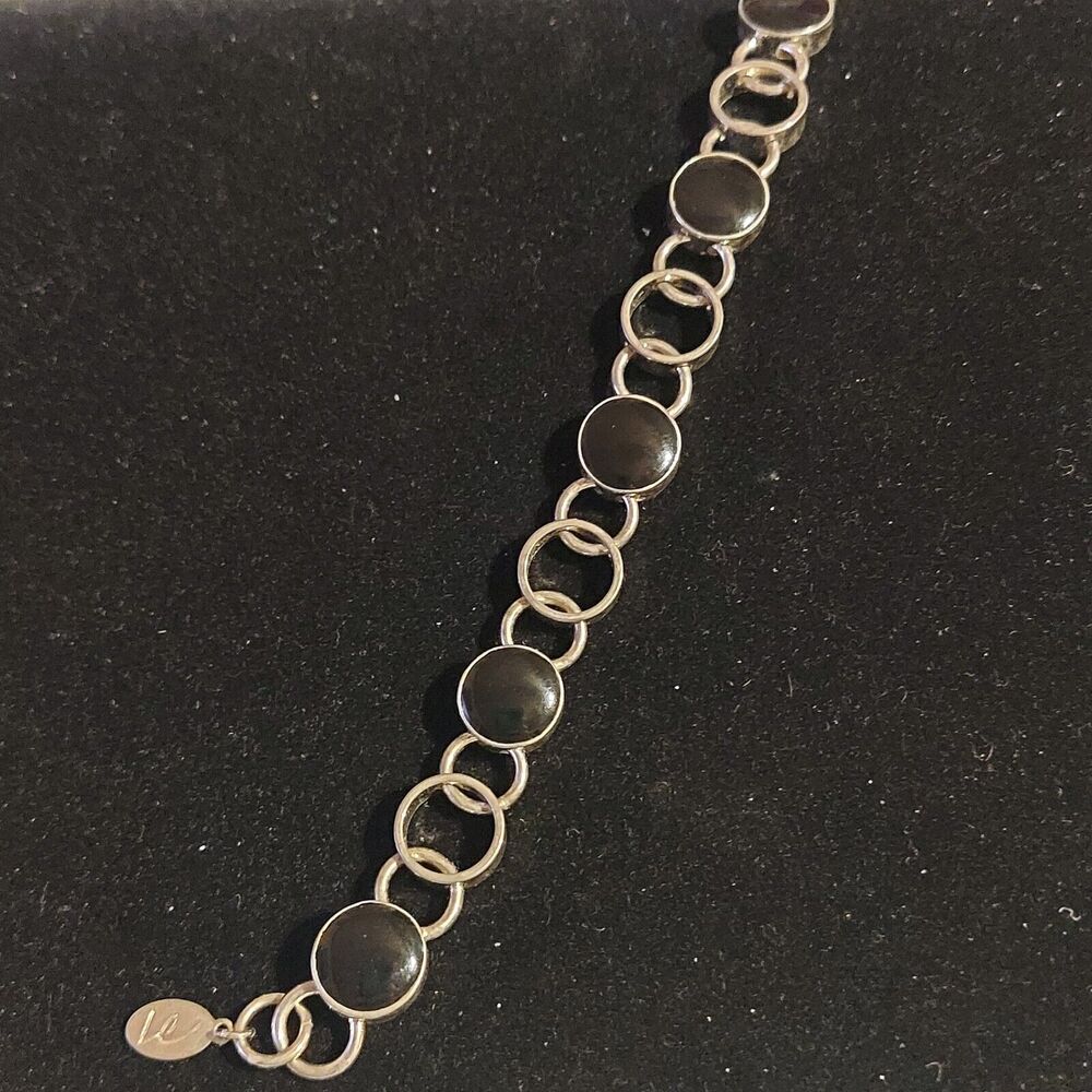 Link Bracelet Black Beads Silvertone Signed Le See Photos